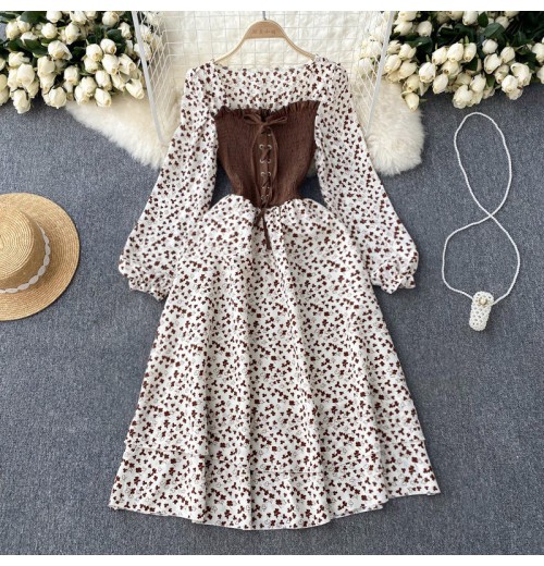 Sweet Design High Waist Long-Sleeved Dress Women'S Autumn Floral Long Dress With Contrasting Colors Sweet Design High Waist Long-Sleeved Dress Women'S Autumn Floral Long Dress With Contrasting Colors