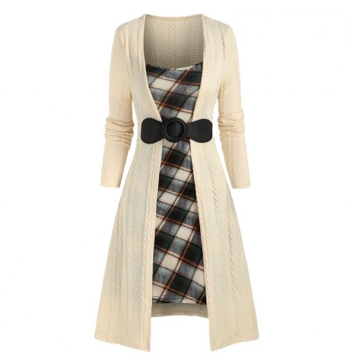 Women's Clothes Elegant Patchwork Button Plaid Print Knitted Plus-size Dress Halloween Party Women's Clothes Elegant Patchwork Button Plaid Print Knitted Plus-size Dress Halloween Party